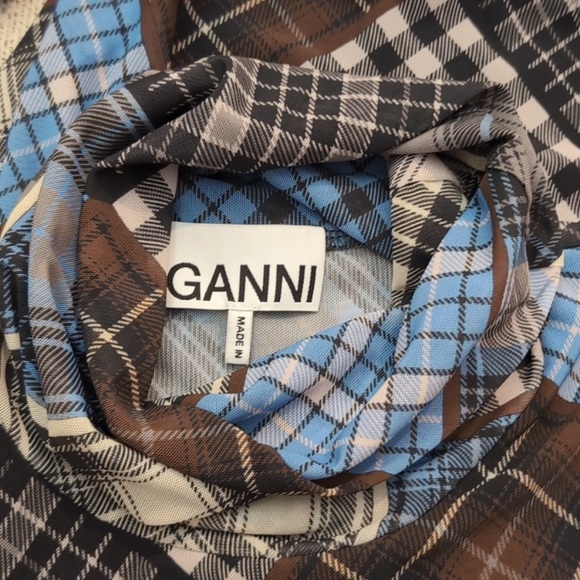 Ganni Plaid Print Rollneck Turtleneck Mesh Blouse - Picture 6 of 8